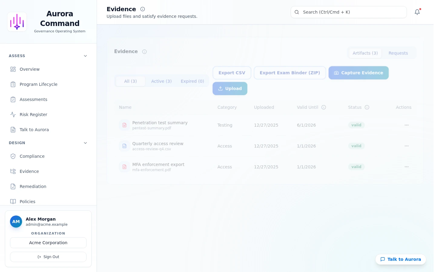 Aurora Command evidence library showing evidence items, freshness, and export-ready details.